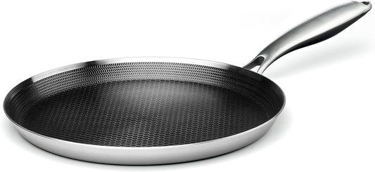 Stainless Steel Crepe Pan - 10 Inch Nonstick Crepe Pan, Stainless Steel Honeycomb Coating Pancake Pan, Non Stick Flat Skillet Tawa Dosa Tortilla Griddle Pan, Induction Compatible, PFOA Free