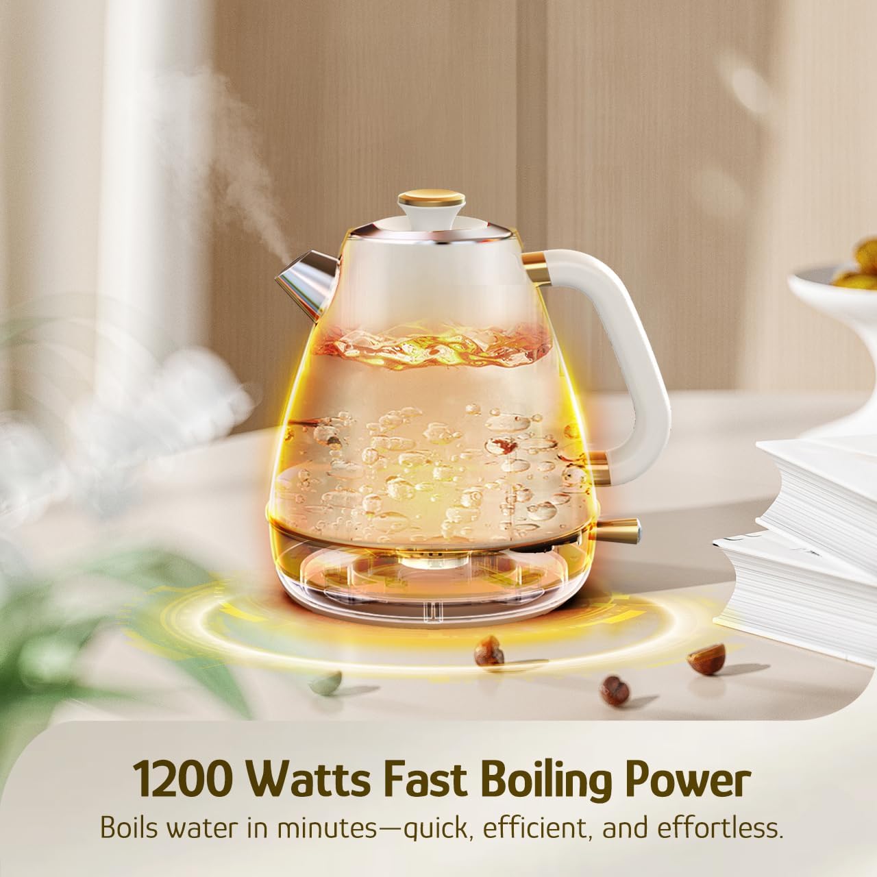 Hazel Quinn Retro Electric Kettle - 1.7 Liters / 57.5 Ounces Tea Kettle with Thermometer, All Stainless Steel, 1200 Watts Fast Boiling, BPA-free, Cordless, Automatic Shut Off - Pearl White