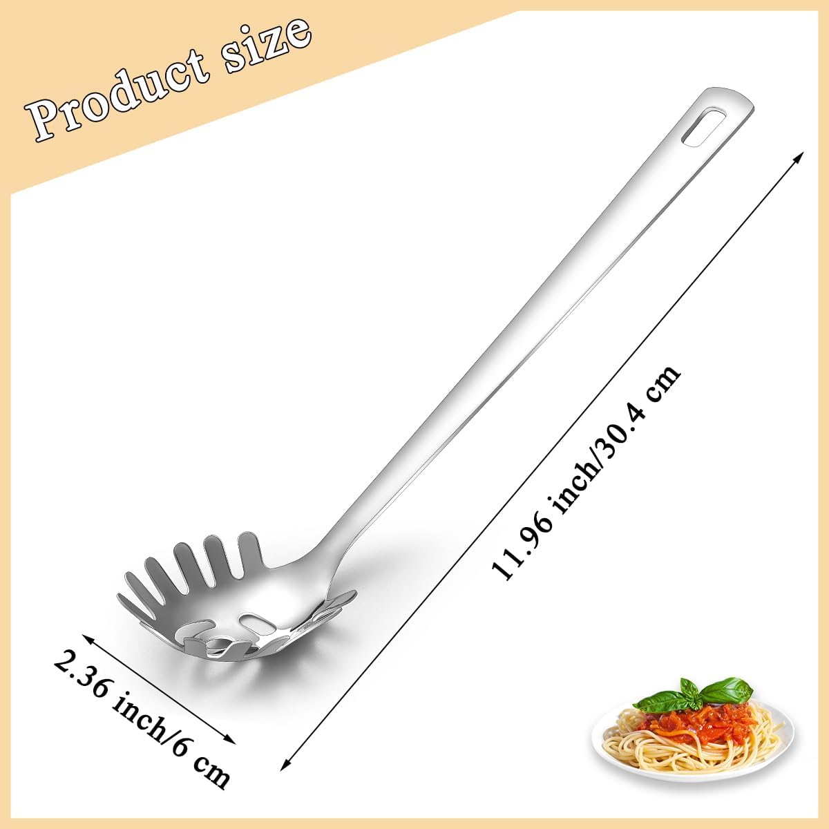 Spaghetti Spoon, ReaNea Pasta Server, Stainless Steel Pasta Spoon with Teeth, One-Piece Metal Pasta Fork, Noddle Fork Kitchen Utensils, Heat Resistant, Dishwasher Safe, Easy to Clean