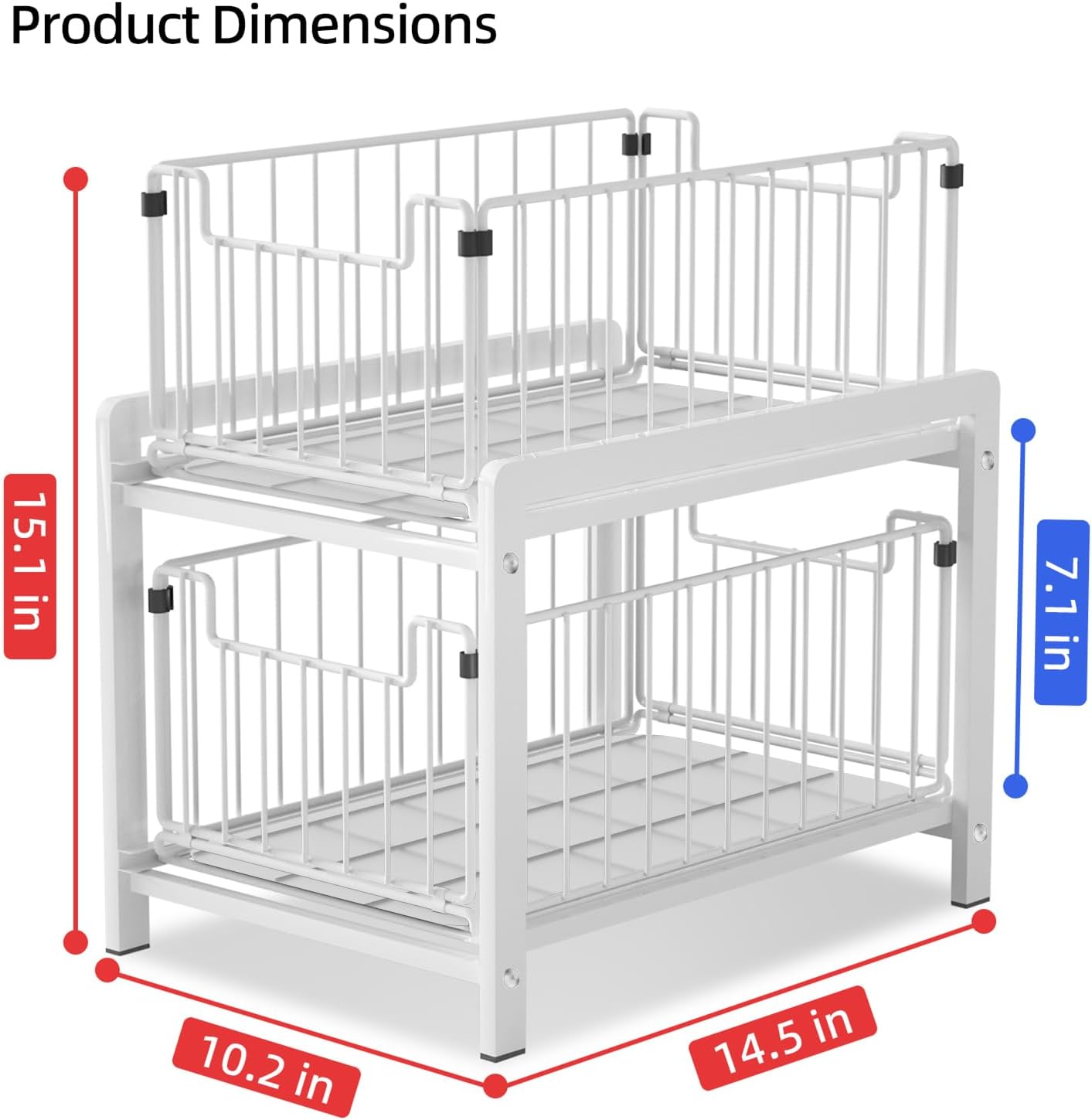 2 Tier Sliding Basket Drawer Organizer, Pull Out Under Sink Cabinets Organizers, Metal Home Shelf for Bathroom or Kitchen, Sliding Countertop or Pantry Storage Shelf, Large White