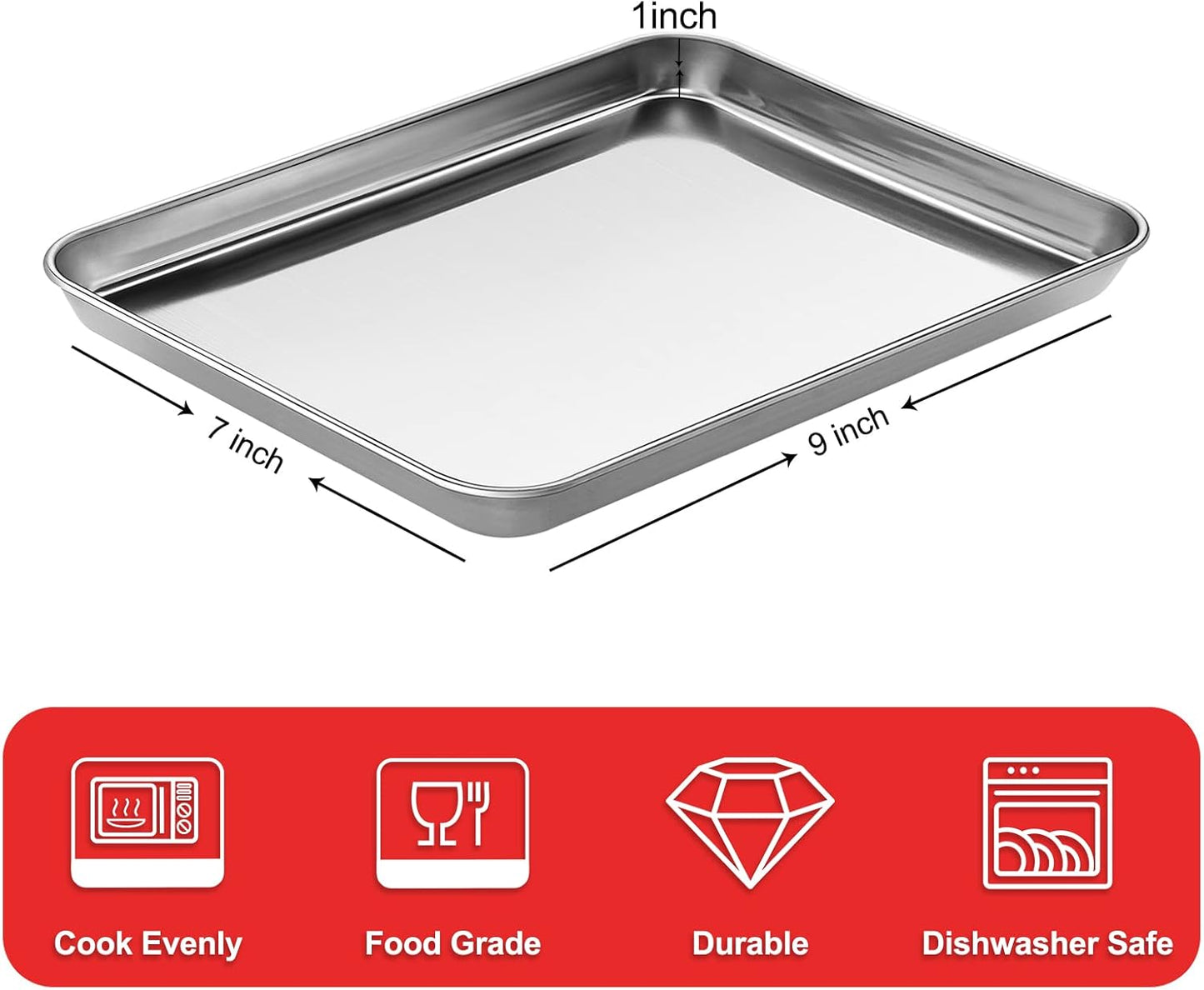 Baking Sheet, Stainless Steel Cookie Sheet Baking Pan Tray for Toaster Oven Size 9 x 7 x 1 Inch, Non Toxic & Healthy, Mirror Finish & Easy Clean, Dishwasher Safe