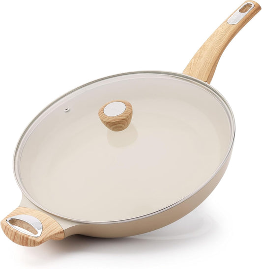 SENSARTE Ceramic Nonstick Frying Pan Skillet with Lid 12.5Inch Large Non Stick Non-toxic Healthy Kitchen Cooking Chef's Pan, Free of Intentionally Added PFOA/PFAS/PTFE, Induction Compatible