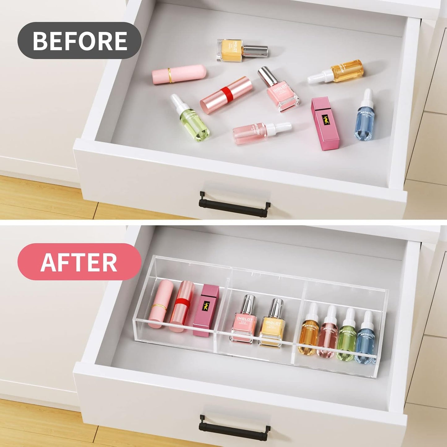 HIIMIEI 3 Section Clear Acrylic Drawer Organizer Tray, Office & Makeup Drawer Organizer (11.8x4.3 inch)