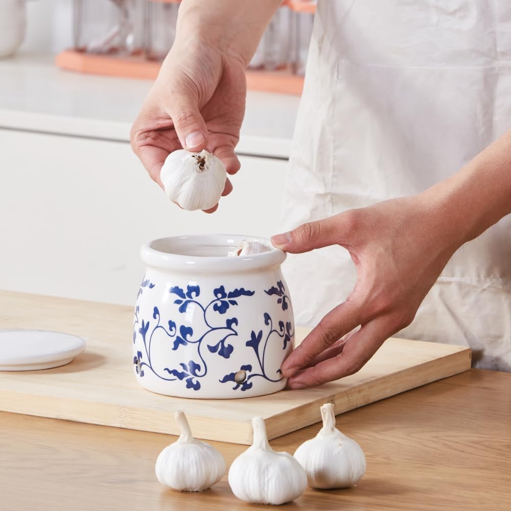 Terracotta Garlic Storage Container, Ceramic Keeper for Kitchen Counter, Holder Storage Container to Keep Your Garlic Cloves Fresh Longer,White