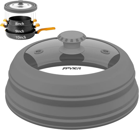Collapsible Microwave Splatter Cover - Vented Silicone & Glass Lid with Easy-Grip Handle, Fits 6 to 10 Inch Plates & Bowls, 10.8 Inch Diameter, Prevents Splatters & Ensures Even Heating
