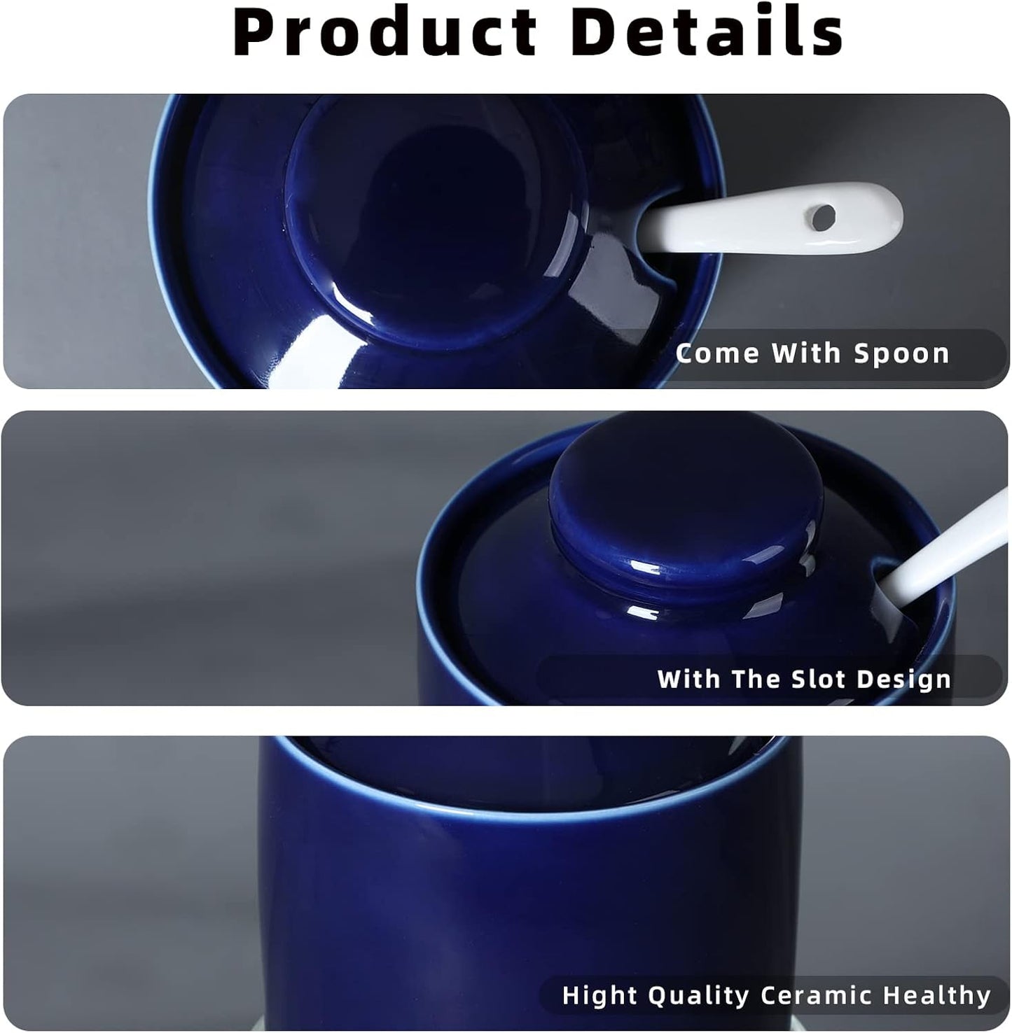 ONTUBE Ceramic Sugar Bowl with Lid and Spoon Set of 2,Porcelain Seasoning Box Salt Bowl with Tray,8oz (Navy)