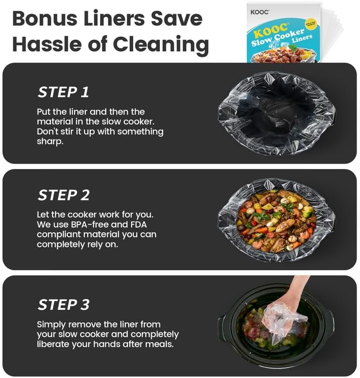 KOOC Triple Slow Cooker Buffet Server and Food Warmer 3x1.5 Quart Individual Temp Control With Lid Rests & Spoons With Liners Included Grey