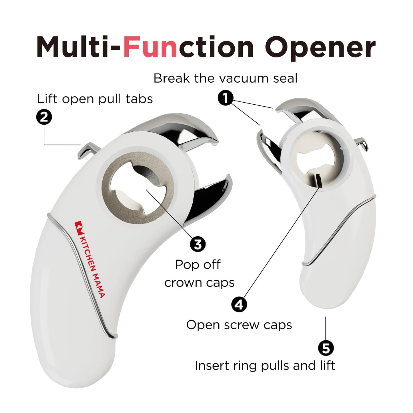 Kitchen Mama Epic One Multifunction Opener: A Pick Ergonomic Opener- Magnetic Bottle Opener, Beer & Soda Can Opener, Pull Tab & Jar Opener for Weak Hands and Arthritis (White)