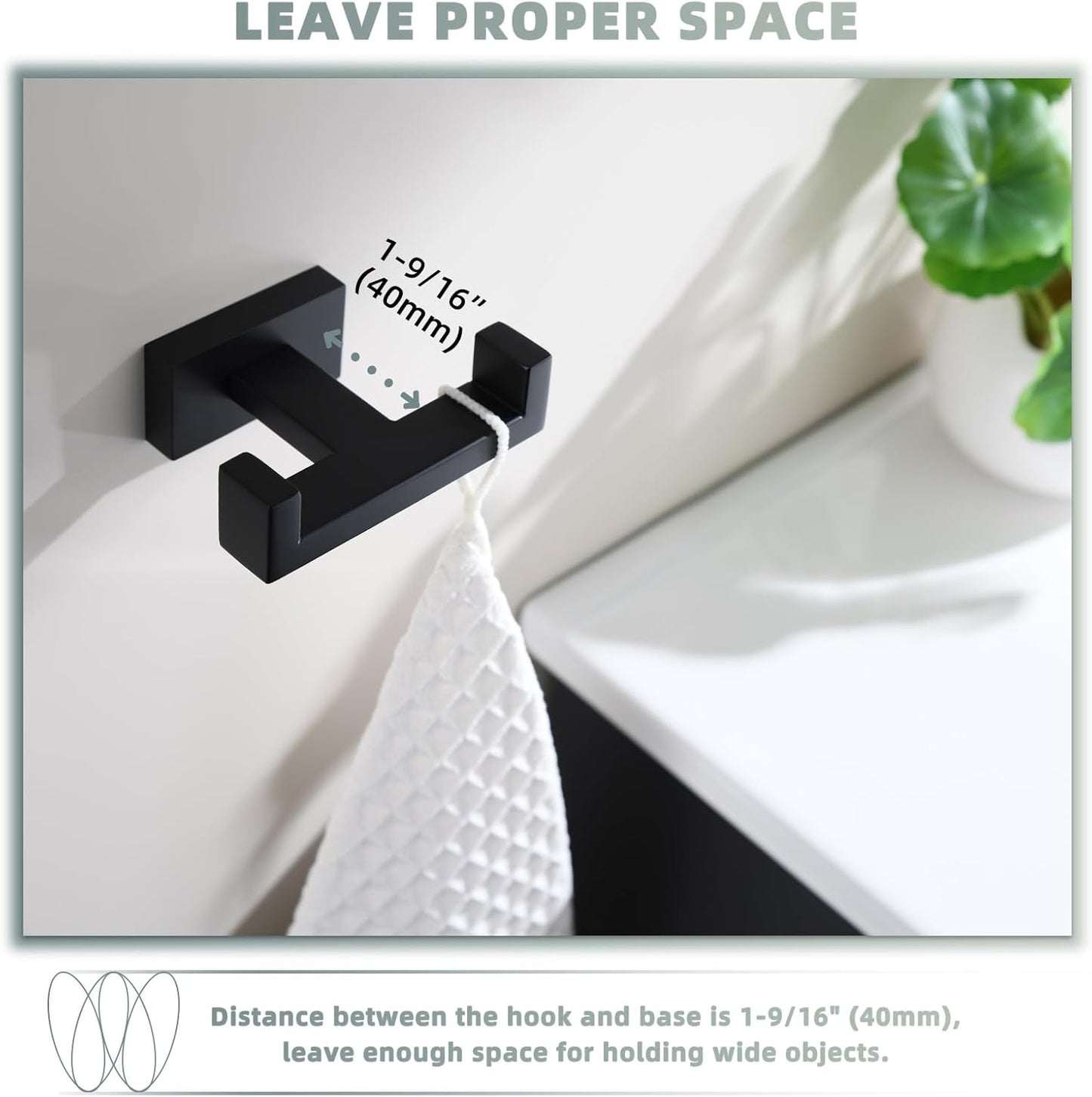 Suyar Matte Black Double Towel Hook, SUS 304 Stainless Steel Bathroom Coat Robe Hook, Hand Towel Holder for Wall