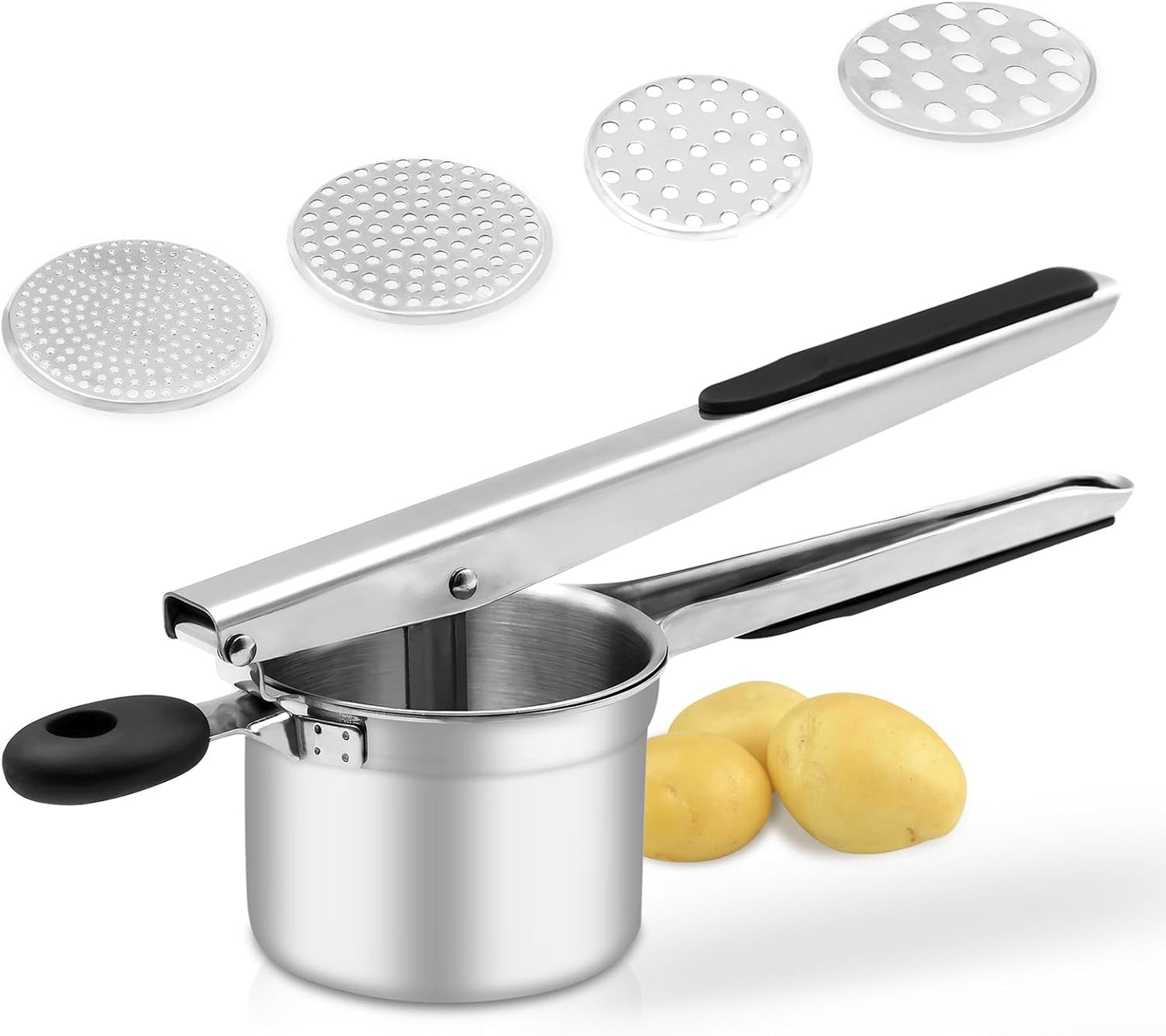 Potato Rice Cooker 4 Interchangeable Discs 15 oz Heavy Duty Stainless Steel Masher and Kitchen Tool for Potato Mashed (4 Discs)