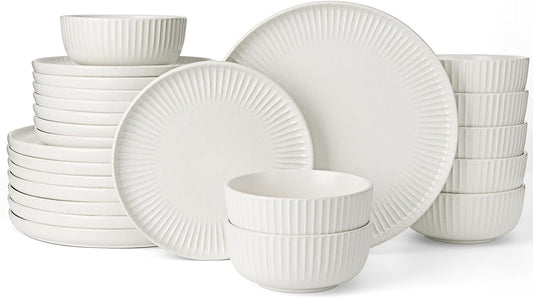 Famiware Starlight Dinnerware Sets, Plates and Bowls Dish Set of 8 (24 Pieces), Ribbed Textured Tableware - Dishwasher & Microwave Safe, Chip Resistant, Reactive Glaze, Matte Reactive White