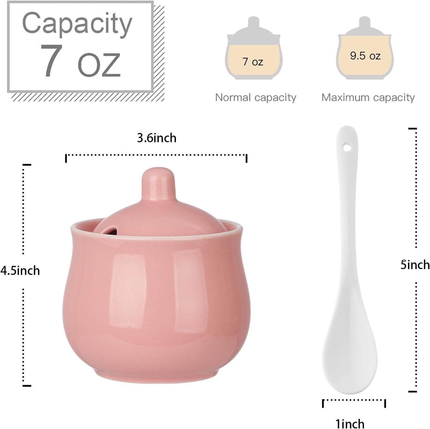 Ceramic Sugar Bowl with Lid and Spoon, Pink Porcelain Sugar Salt Pepper Storage Jar, 8 Ounces