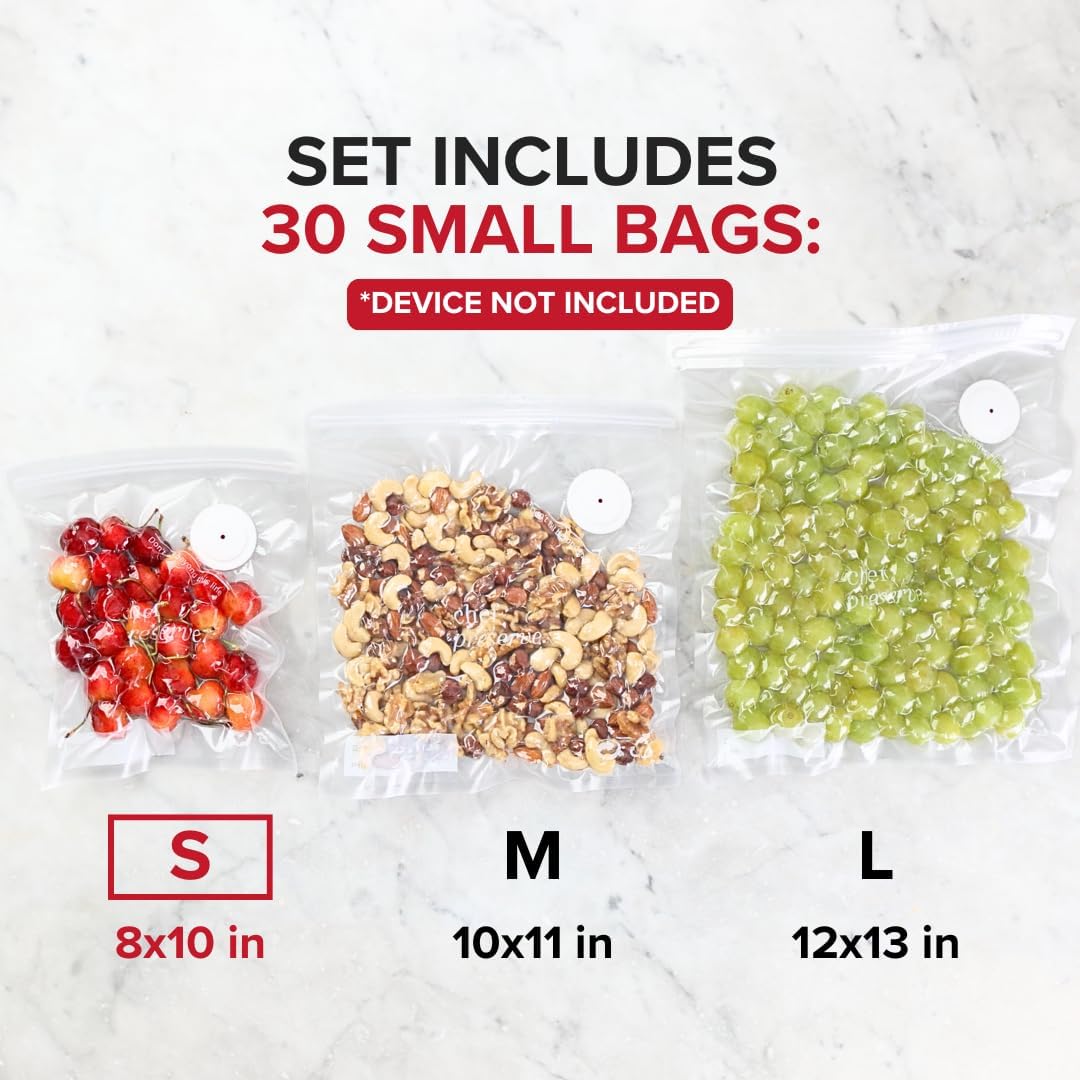 Chef Preserve Reusable Vacuum Sealer Bags for Food – 30 BPA-Free Small (8 x 10 in) Food Storage Bags, Freezer, Microwave – Odor-Resistant, Leak-Proof – Compatible with Chef Preserve Vacuum Sealers