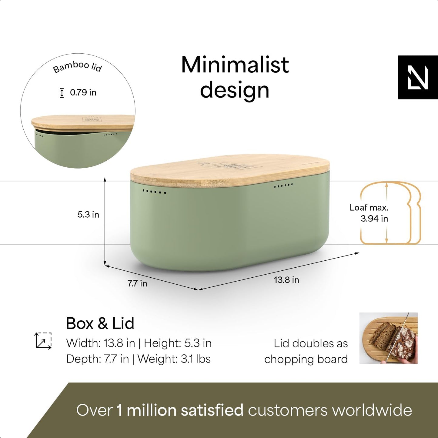 LARS NYSØM Bread Box I Metal Box with linen bag for long lasting freshness I Bread Bin with bamboo lid usable as cutting board I 14.2x7.5x5.1 In (Sage Green)