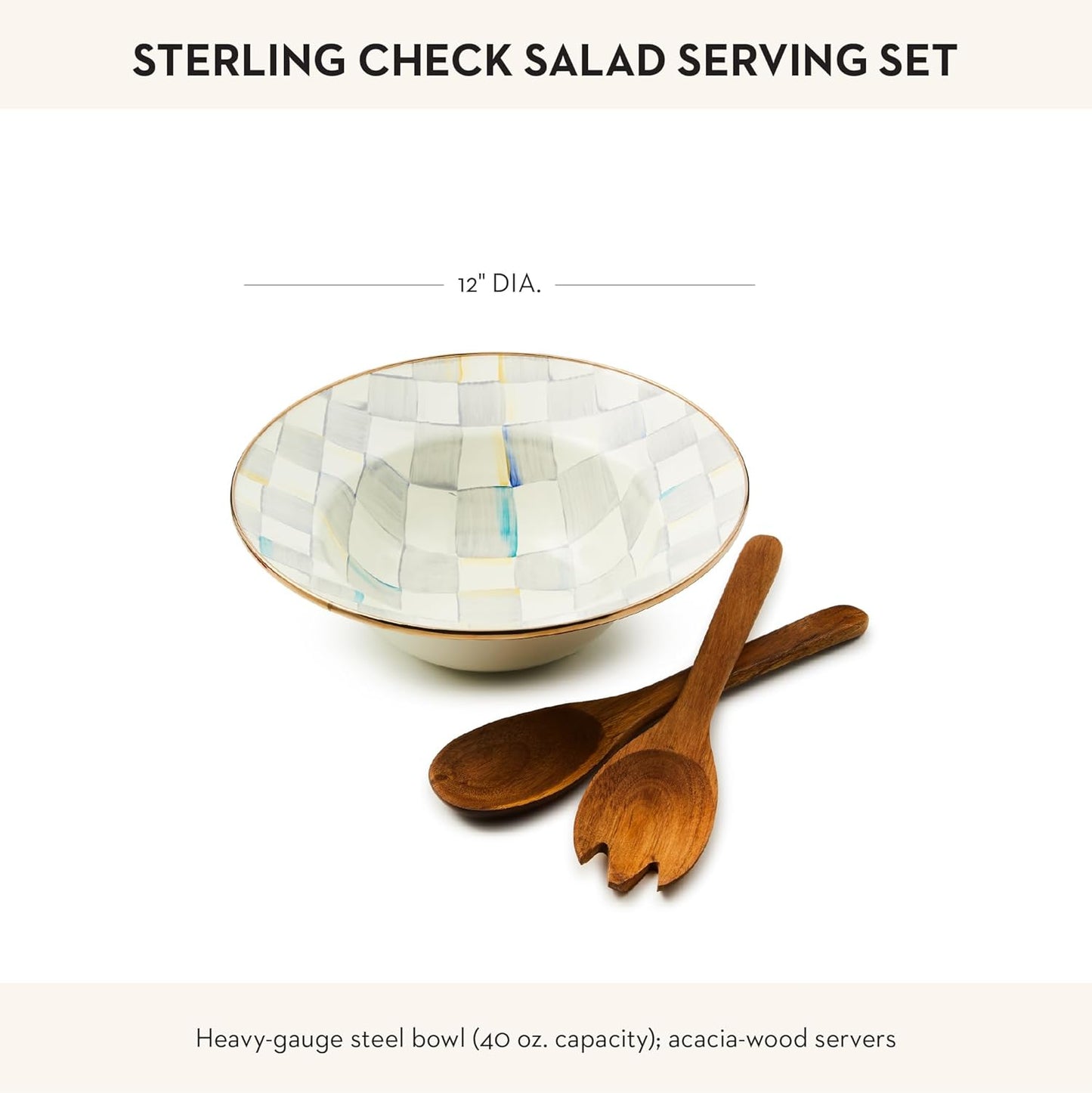 MACKENZIE-CHILDS Enamel Salad Serving Set, Enamel Bowl and Wooden Salad Servers, Decorative Kitchen Set, Gray-and-White Sterling Check