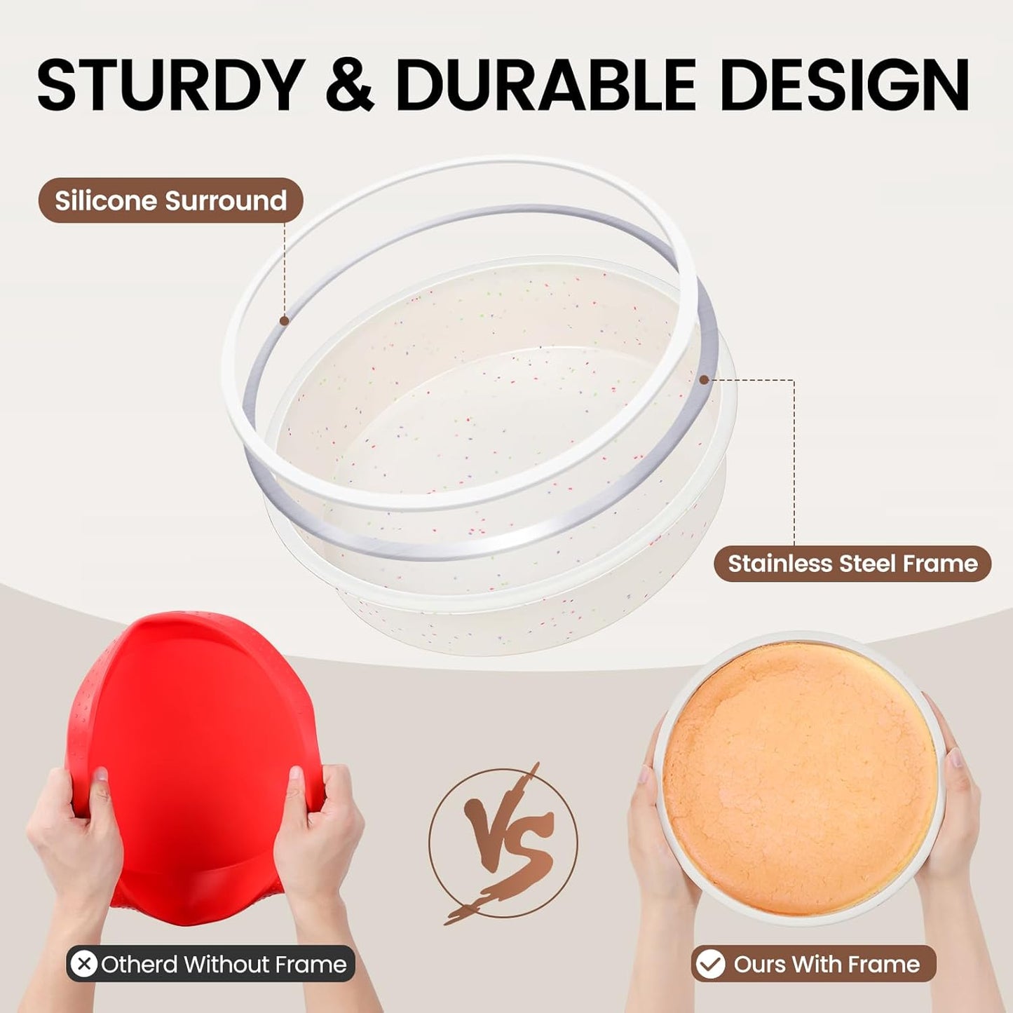 Vinino 8 Inch Silicone Round Cake Pan with Metal Reinforced Frame, Nonstick Silicone Springform Pan for Baking Suitable for Making Layers, Cheese & Chocolate Cakes