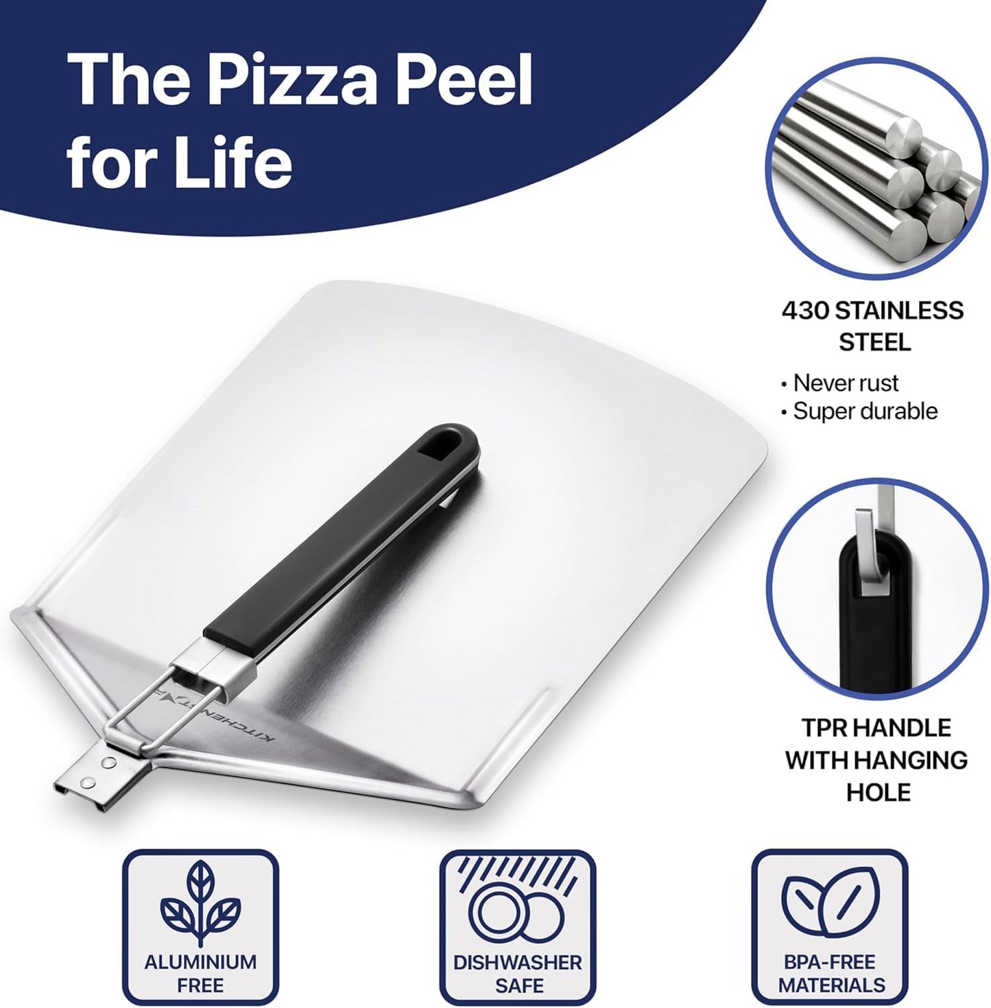 KitchenStar Stainless Steel Pizza Peel 12 inch with 10 inch Folding Handle, Medium - Spatula Paddle for Effortless Pizza Transfer & Easy Storrage - Outdoor Pizza Oven Accessories