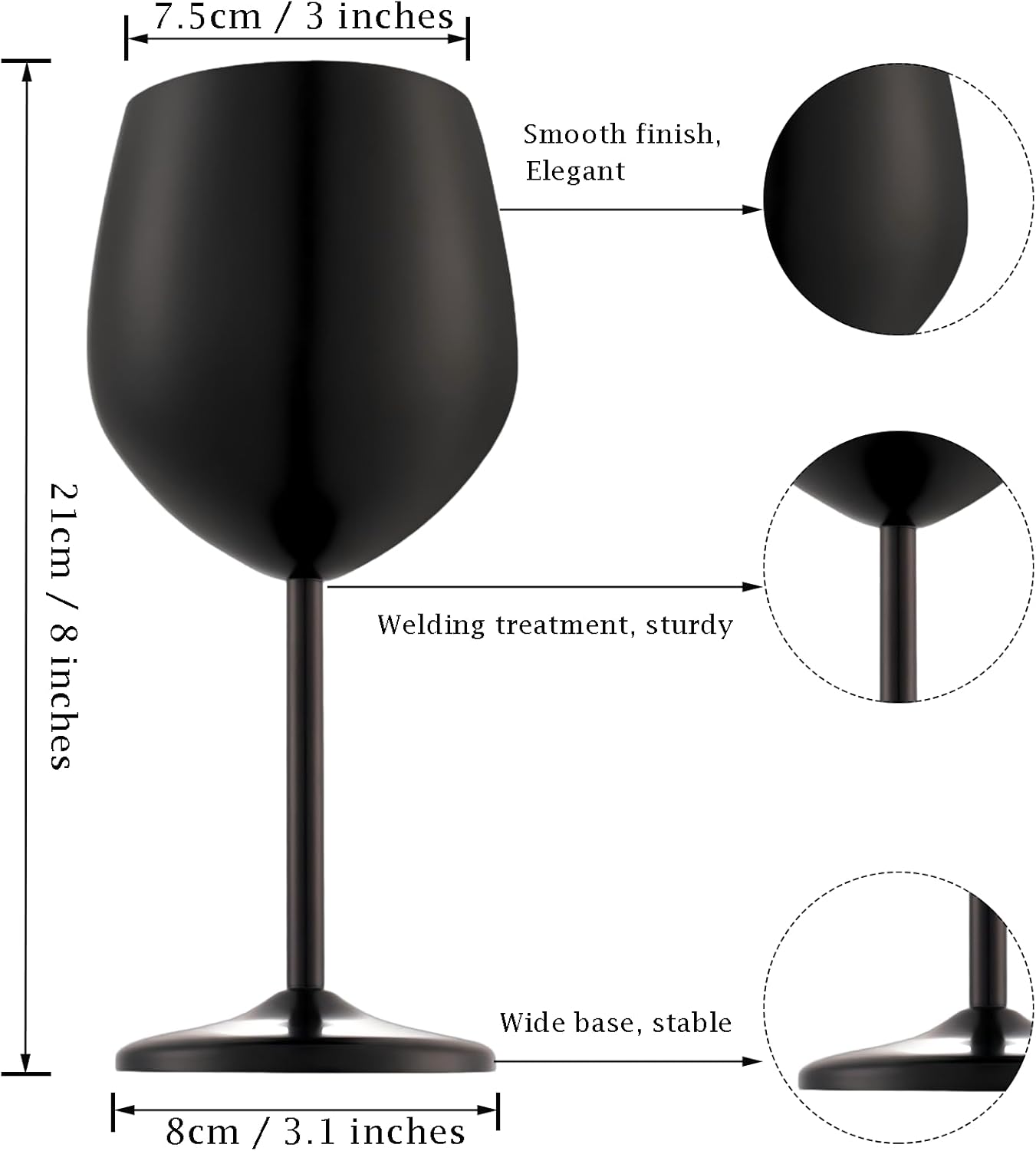 Stainless Steel Wine Glasses Set of 4 Unbreakable Wine Glass 18 oz Unique Metal Wine Goblets for Outdoor, Travel, Camping, Pool, Ideal Gift for Wine Lovers (Matte-Black)