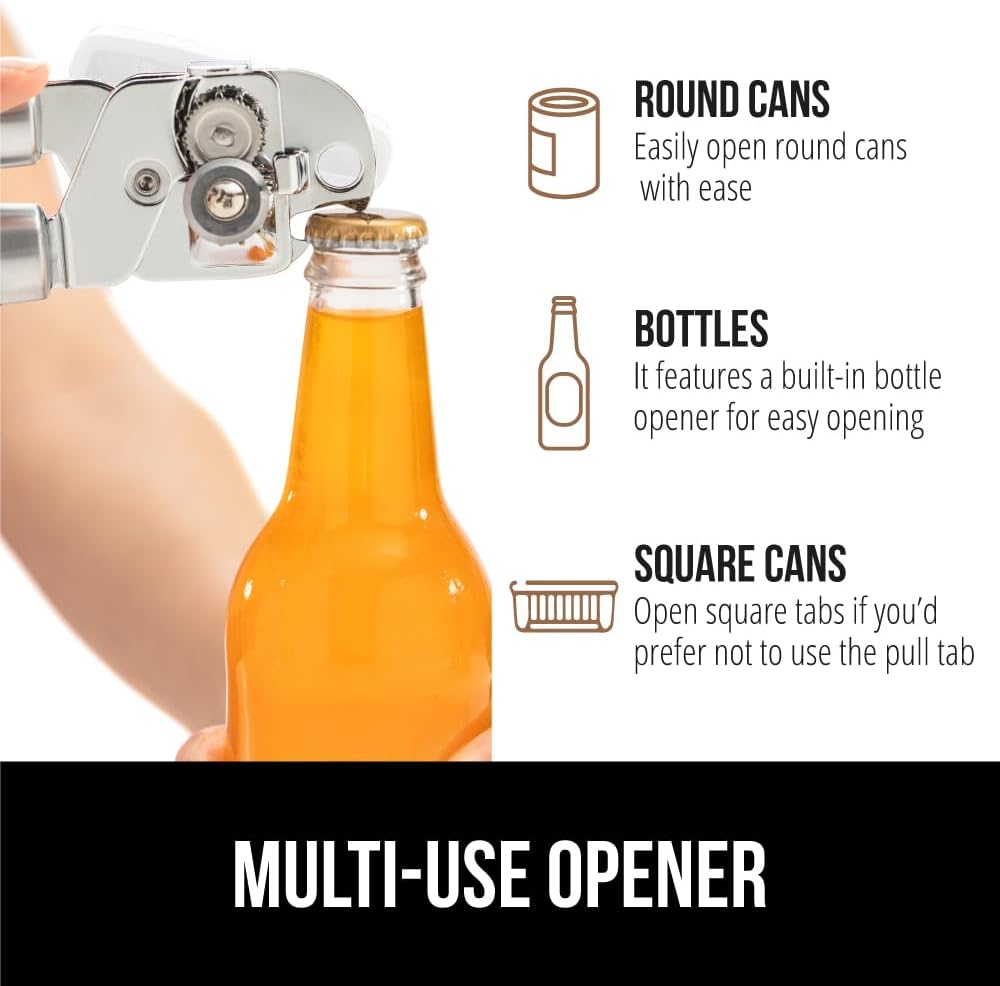 GORILLA GRIP Heavy Duty Stainless Steel Smooth Edge Manual Can Opener and Bottle Openers, Soft Comfortable Handle, Oversized Handheld Turn Knob, US Designed Multifunctional Kitchen Tool, White