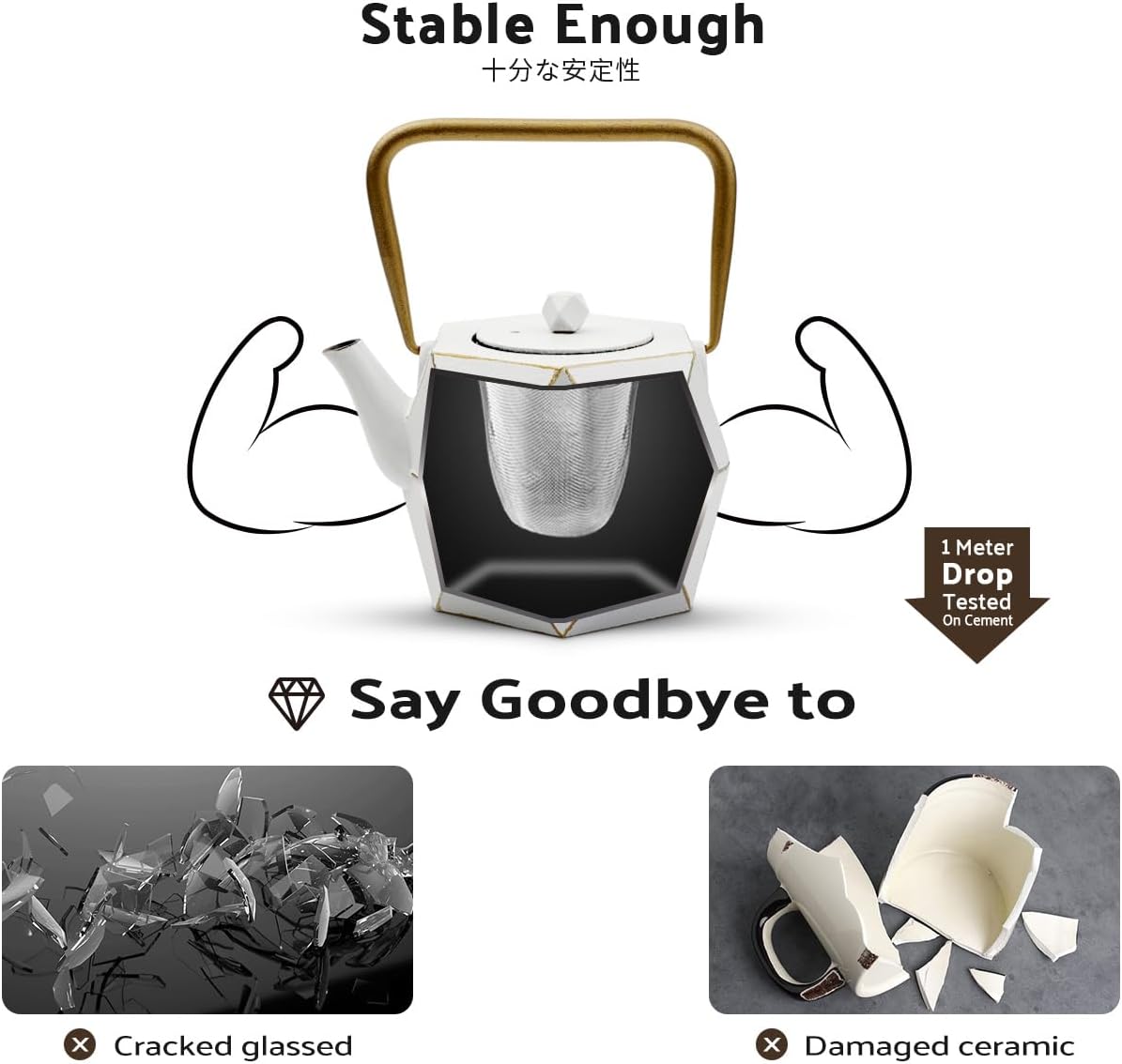 Toptier Cast Iron Teapot, Stovetop Safe Japanese Cast Iron Tea Kettle, Diamond Design Tea Pot with Removable Infuser for Loose Tea, 30 Ounce (900 ml), White