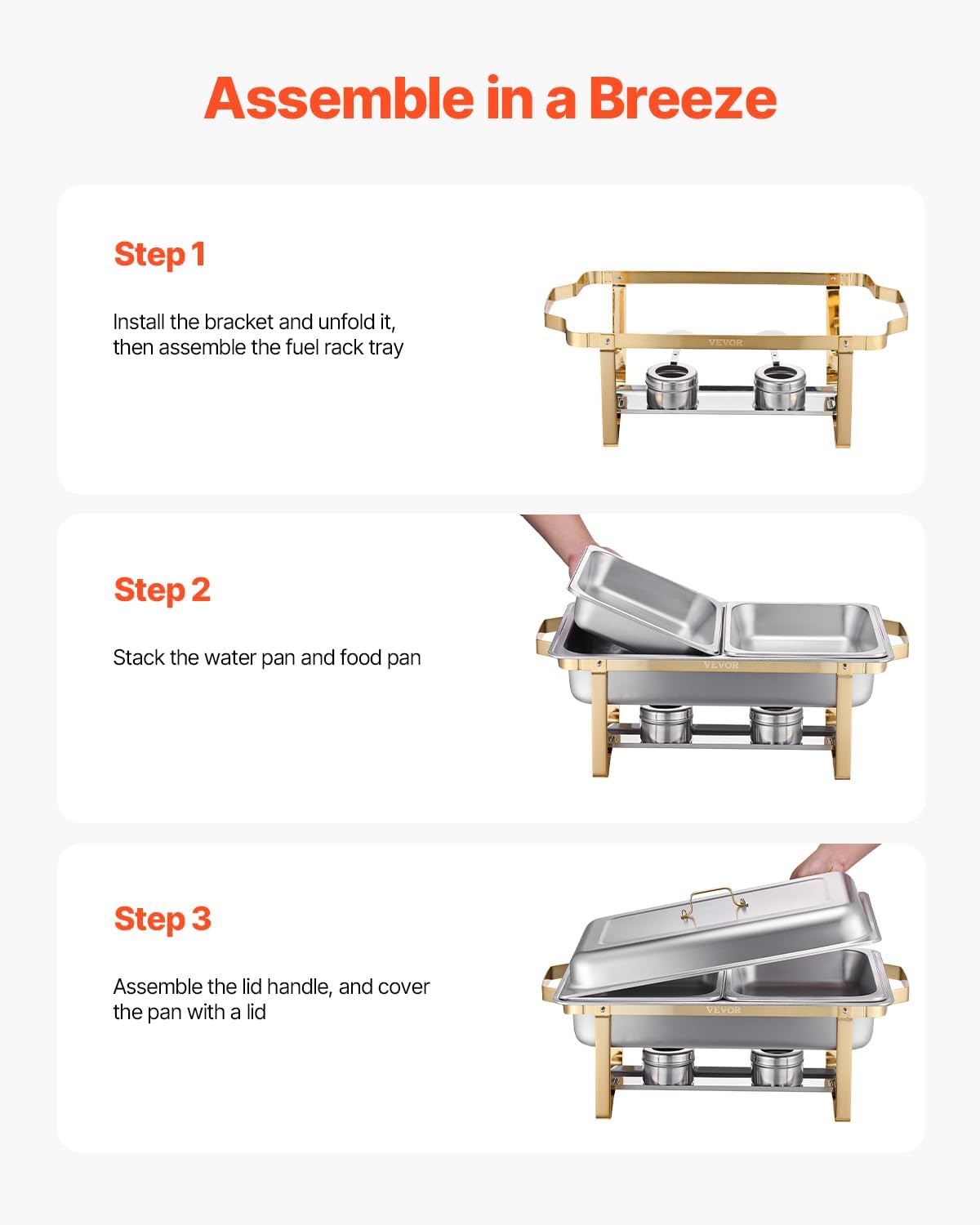 VEVOR Chafing Dish Buffet Set, 8 Qt 4 Pack, Stainless Steel Chafer with 2 Full Size and 4 Half Size Pans, Rectangle Catering Warmer Server with Lid Water Pan Stand, for Weddings Parties Banquets, Gold