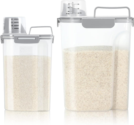 TBMax Rice Container 2 Pack, Airtight Cereal Container Oatmeal Storage with Easy-pouring Spout & Handy Cup for Flour Grain Beans, Pet Dog Cat Bird Food Storage Dispenser-Light Grey