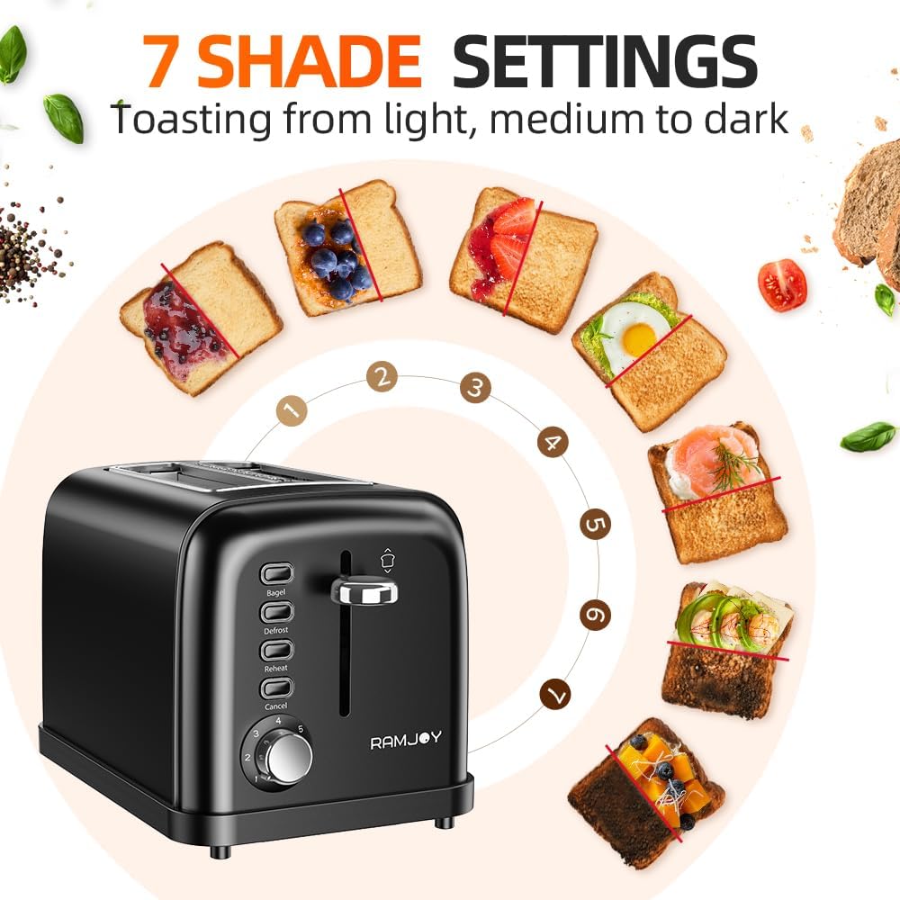 Black Toaster 2 Slice, Extra Wide Slot Toaster for Bagels, Bread, Waffles, 7 Shade Settings, 4 Main Functions, Removable Crumb Tray, 900 Watts Toasters, Black Stainless Steel