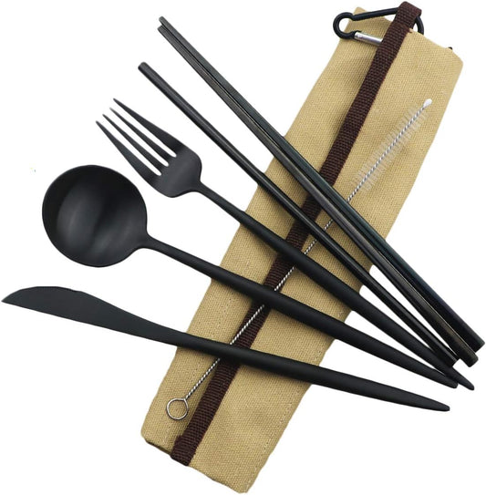 Gugrida Reusable Travel Utensils, 7 Piece Portable 304 Stainless Steel including Knife Fork Spoon Chopsticks Cleaning Brush Straws Portable Pouch, Eco-friendly Camping Silverware Set, Dishwasher Safe