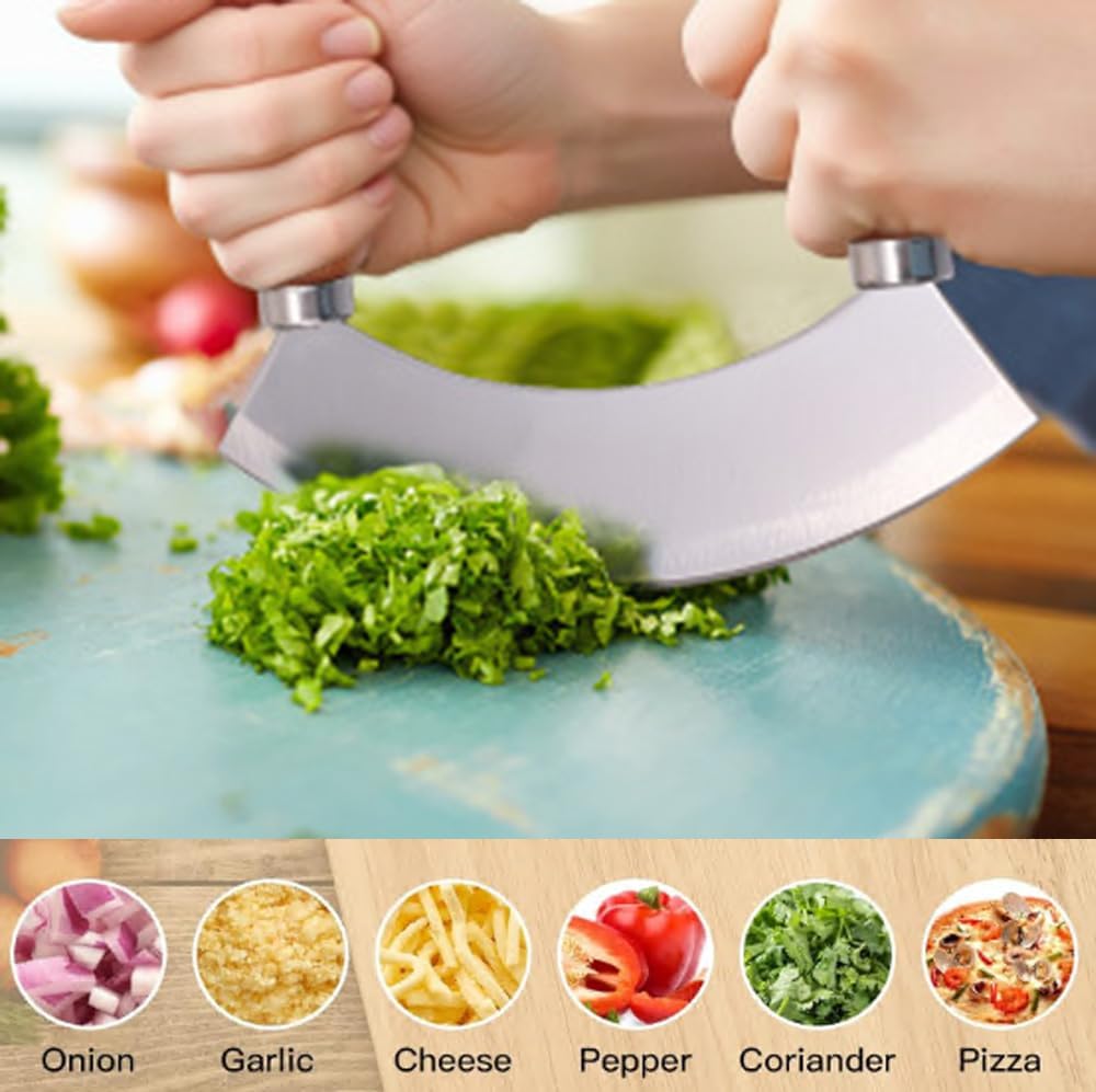 5.4 Inch Stainless Steel Mezzaluna Knife - Salad Chopper Rocker Pizza Cutter Rocker Knife Curved Blade Sharp Blade Double Acacia Wood Handle Fruit Vegetable Mincing (5.4 Inch Gold)