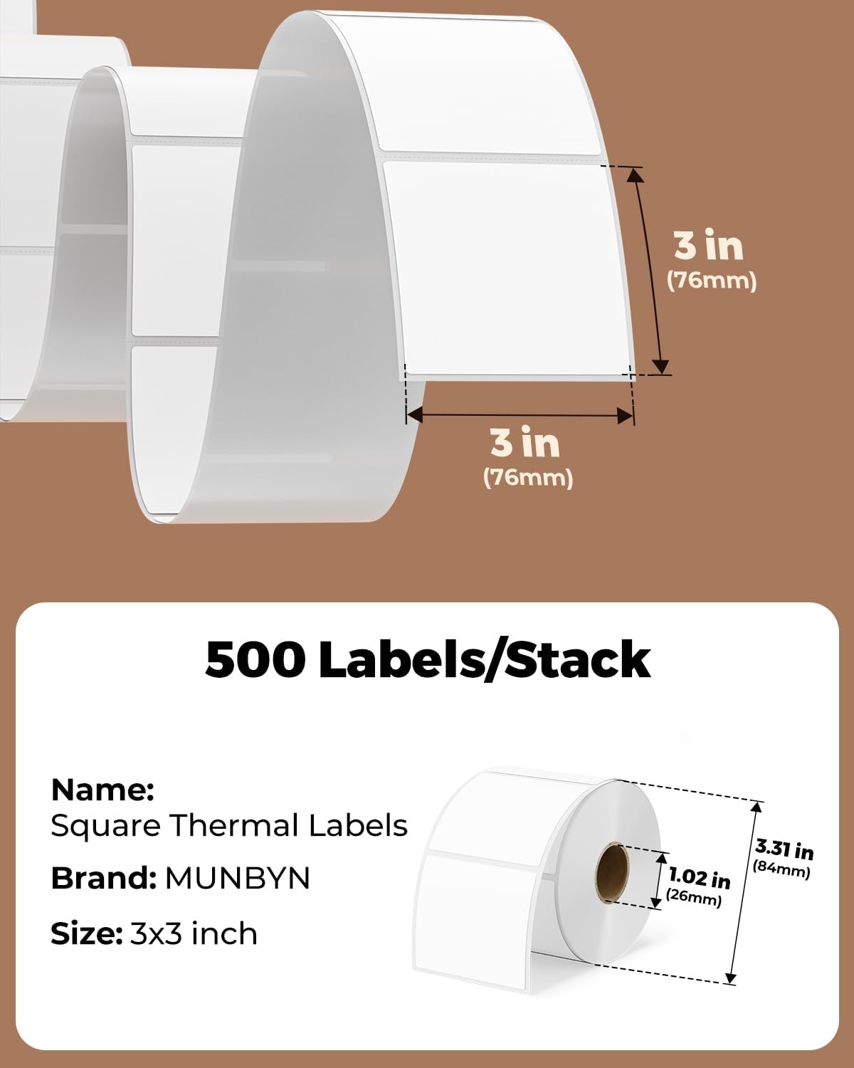 MUNBYN 3"x3" Square Thermal Labels, Compatible with Multiple Thermal Printers, Strong Adhesive, White Address Labels for Barcode, 500 Sheets/Roll