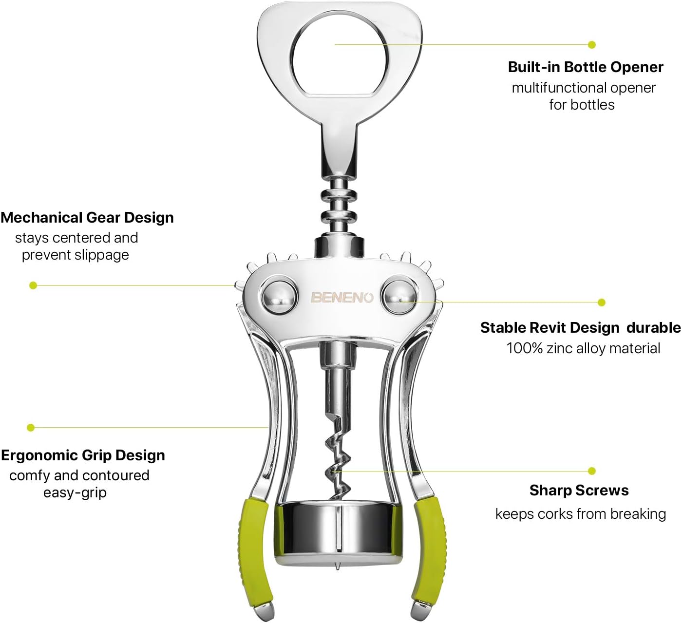 Beneno Wine Opener, Zinc Alloy Premium Wing Corkscrew with Multifunctional Bottles Opener, Sharp Wine Corkscrew with Ergonomic Non-Slip Wing Handle, Upgrade Green