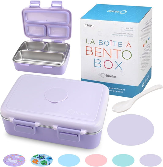 Small Stainless Steel Lunch Box for Baby Toddlers Girls, Mini Bento, 3 Eco Metal Portion Sections Leakproof Lid, Pre-School Daycare Lunches, Toddler Spill-Proof Snack Container, 18 oz/550 mL Purple