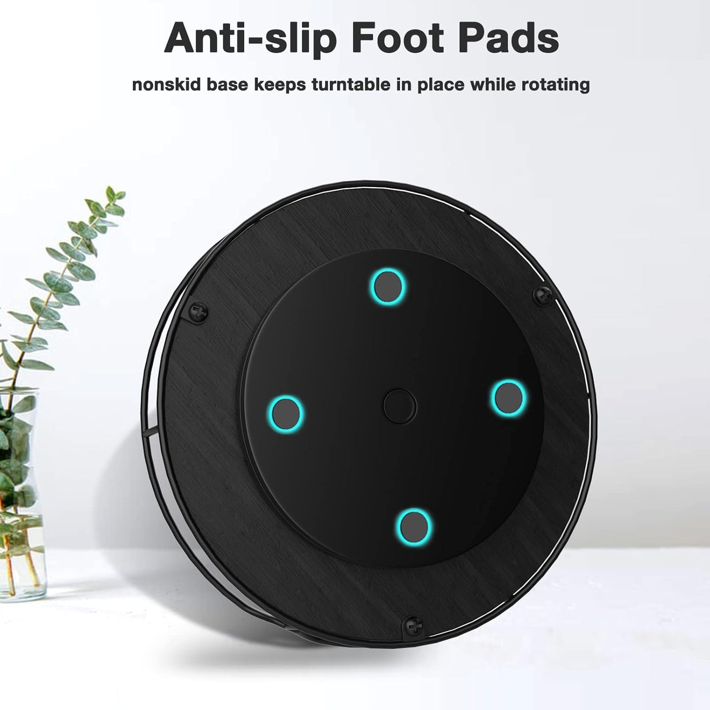 Lazy Susan Turntable Organizer with Anti-Slip Mat for Cabinet Pantry Kitchen Countertop Refrigerator Office, Pine Wood, 10", Black