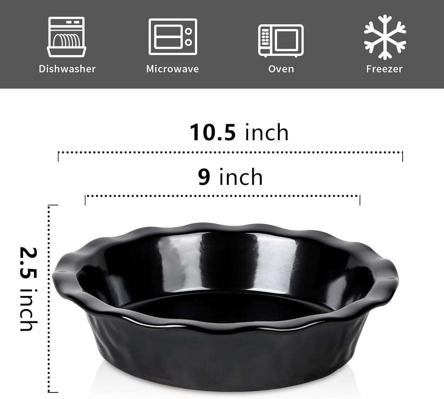 vicrays Ceramic Pie Pan for Baking - 9 inch Pie Plate, Round, Fluted and Deep Pie Dish for Tart, Pizza, Apple Pie, Quiche, Pot Pies, Cake - Reactive Glaze (Black)