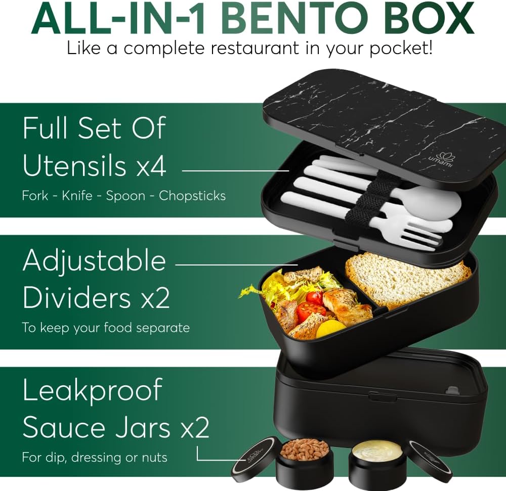 Umami Bento Box Adult All-In-1 w/4 Utensils, 2 Sauce Jars, 2 Dividers, 100% Leakproof, Microwave & Dishwasher Safe, Stackable Lunch Containers for Men/Women, Matte Black & Marble, 68 oz