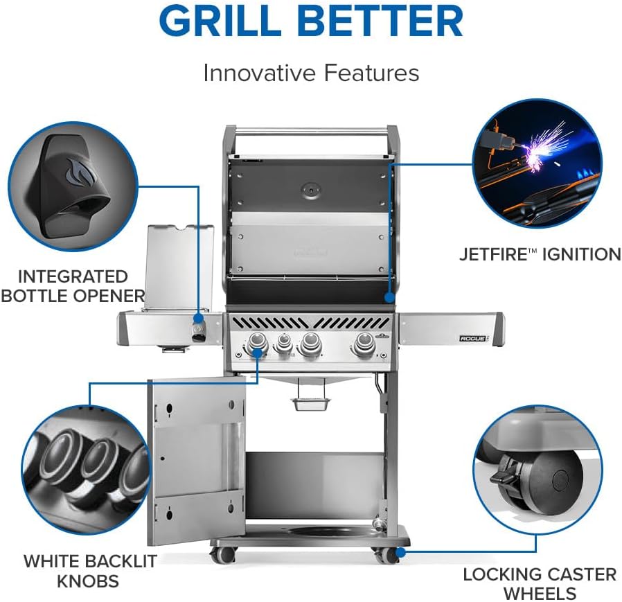 Napoleon Rogue PRO 425 Propane Gas Grill with Infrared Side Burner, Stainless Steel, Durable 4-Burner BBQ