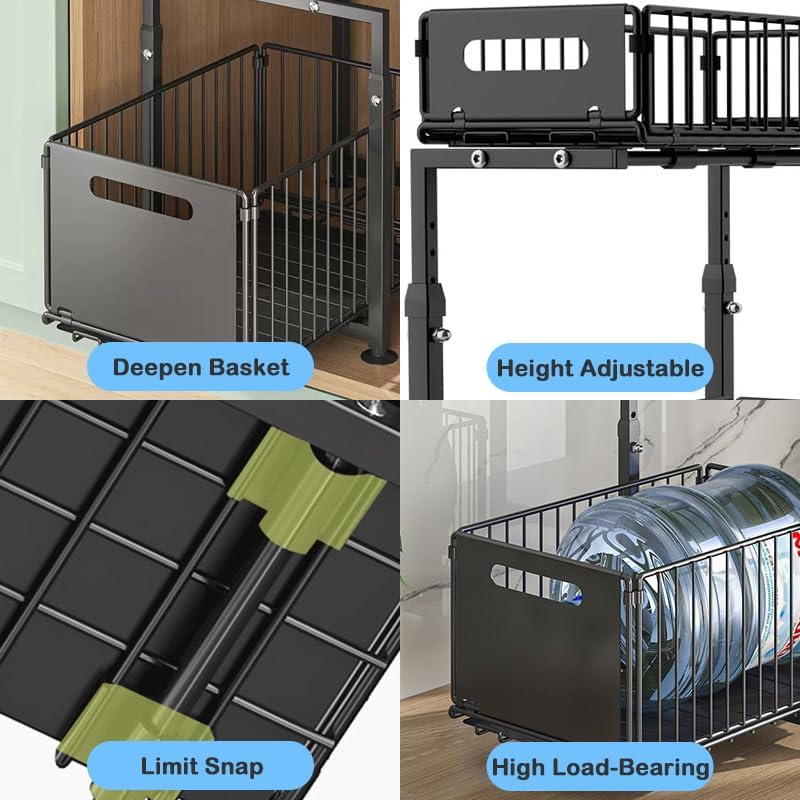 Under Sink Organizer with Adjustable Height, 2 Tier Pull Out Cabinet Design, Sliding Sink Shelf for Enhanced Storage Capacity, Counter Organizer Storage for Kitchen & Bathroom, Black, 2 Pack