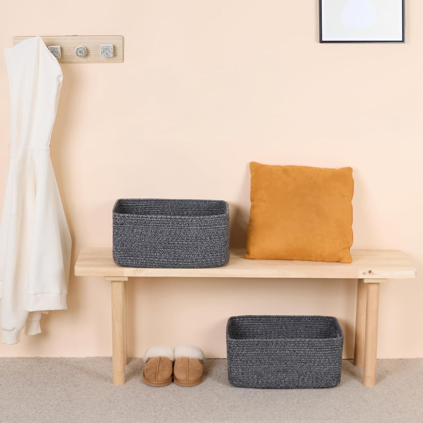 Large Storage Baskets for Shelves, Closet Organizers Bins for Clothes Blanket Towels, Baby Nursery, Toy Baskets Box, Woven Rope Baskets, 17 x 13 x 7.5”, 2 Packs Dark Gray