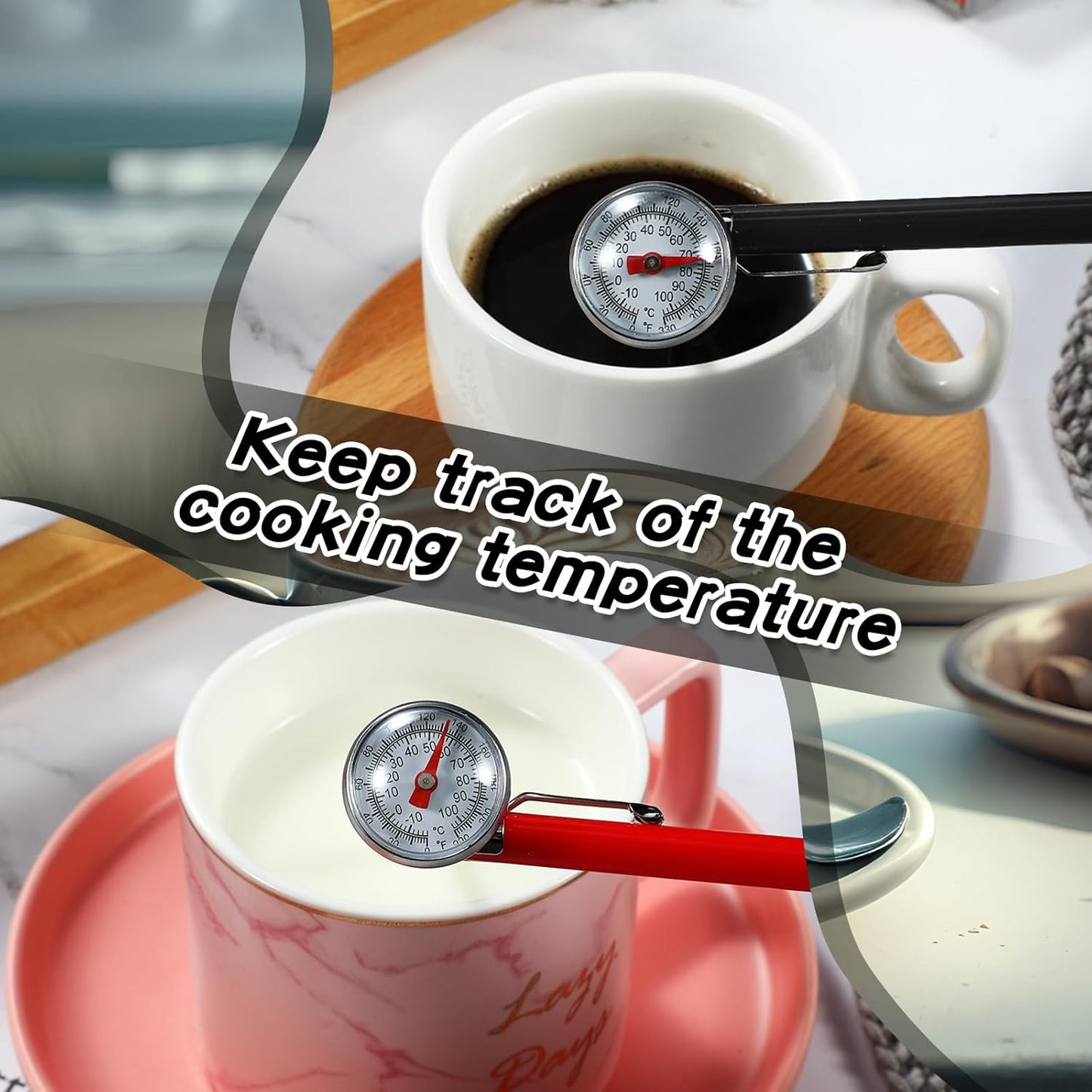 Xuhal 6 Pcs Stainless Steel Kitchen Thermometer with 5 Inch Long Stem 1 Inch Dial Thermometer Milk Frothing Food for Oven Probe Meat Grill BBQ Cooking Chocolate Water(Black)