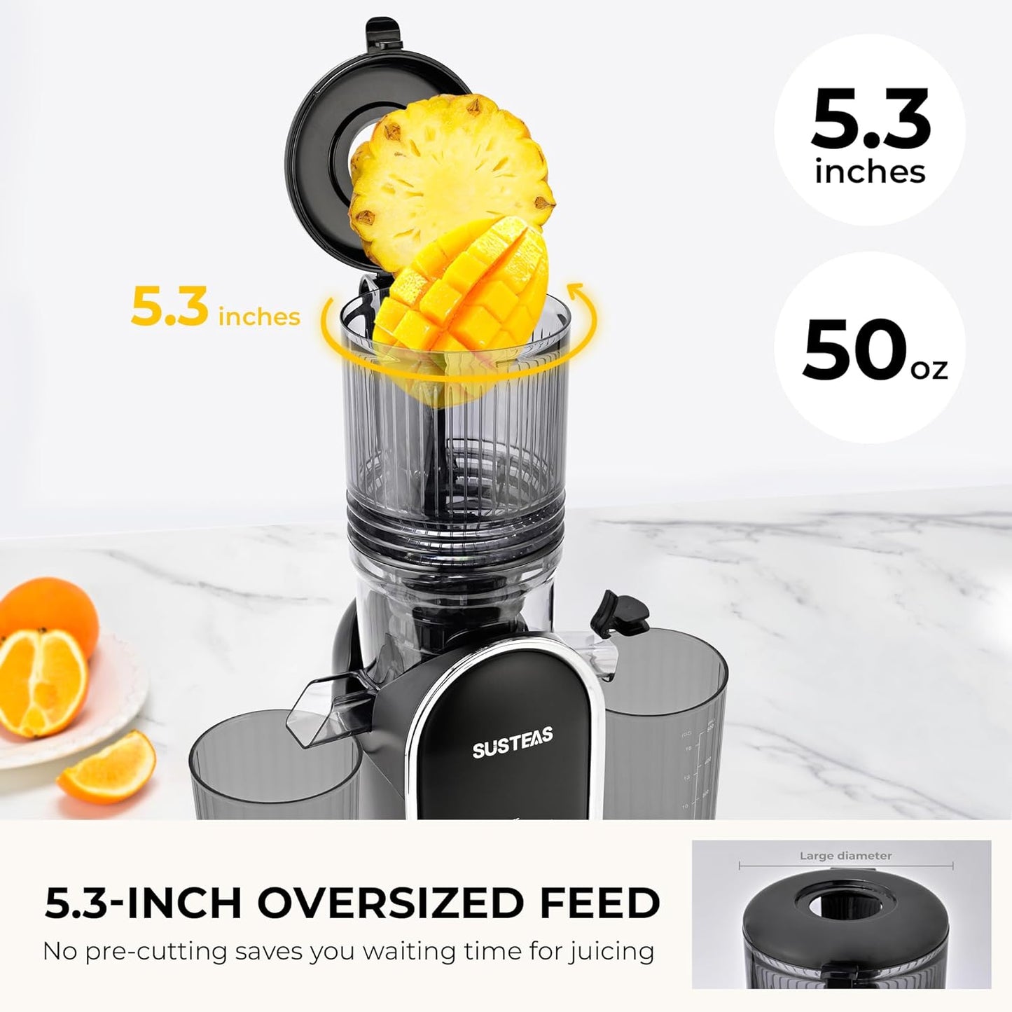 SUSTEAS Cold Press Juicer, 300W, 5.3" Large Feed Chute, 1.5L Capacity, Automatic Feeding, High Yield, Easy to Clean, Ideal for Whole Fruits & Vegetables, Black