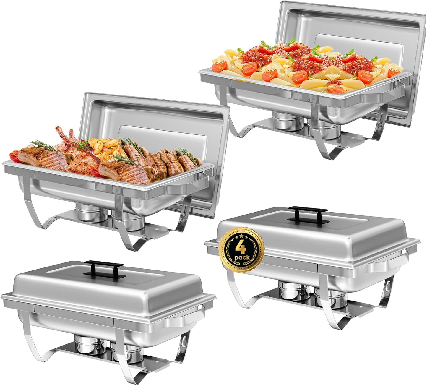 4 Pack Chafing Dish Buffet Set, 8QT Stainless Steel Rectangular Chafers and Buffet Warmer Sets for Catering, with Food & Water Pan, Lid, Foldable Frame, Fuel Holder for Event Party Holiday