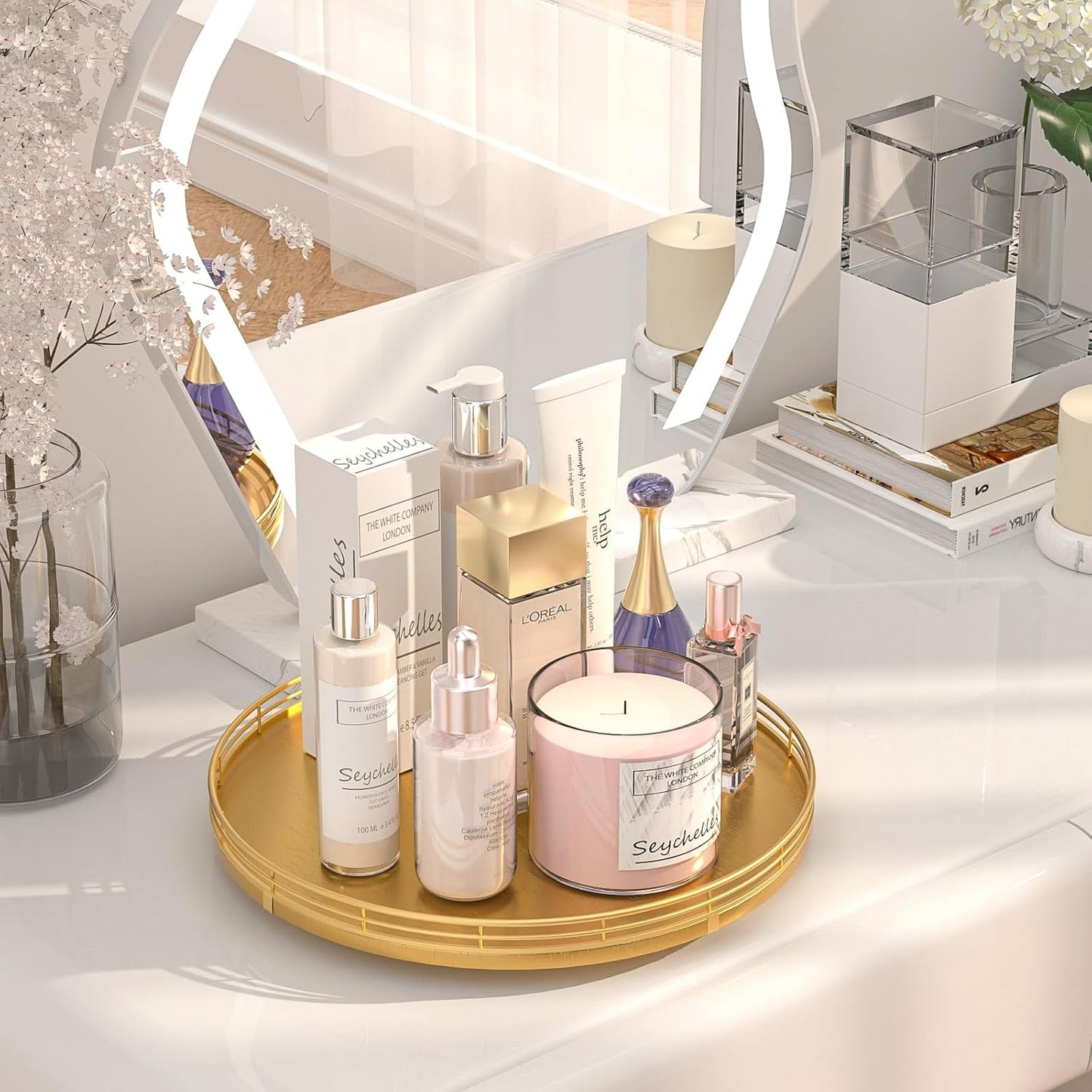 13" Gold Lazy Susan for Table Top, Oak Wood Lazy Susan Turntable Organizer for Dining Coffee Table Centerpiece Bar Decor Kitchen Countertop Bathroom Vanity Decorative Tray for Perfume Jewelry Round