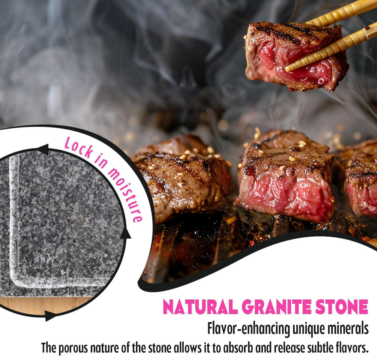 Artestia Professional Steak Stone Grill Set - 2pcs Natural Granite Cooking Stones for Indoor & Outdoor BBQ Hibachi - Heat-Resistant Stones (2 Granite Stone+1 Bamboo Tray+3 Sauce Bowls)