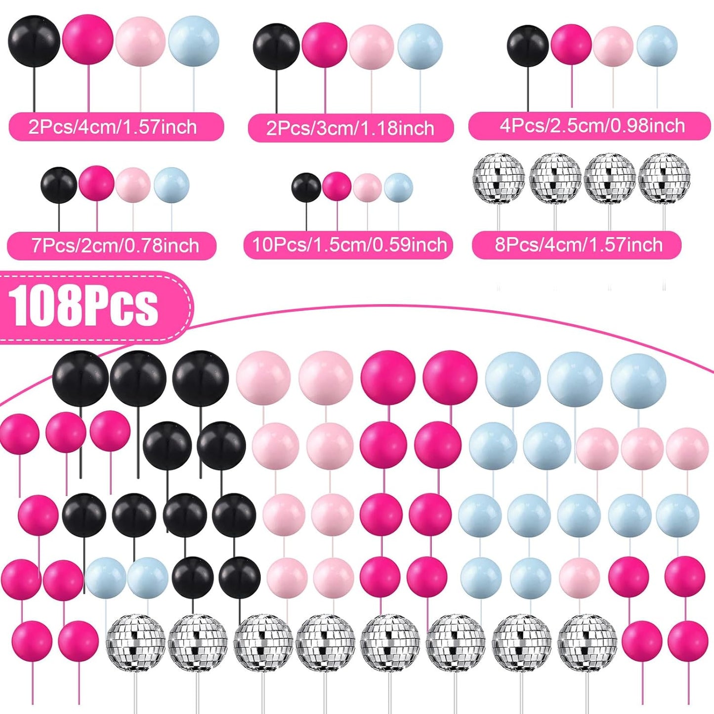 108 Pcs Balls Cake Topper DIY Cupcake Insert Foam Balloons for Cake Baking Wedding Anniversary Birthday Decoration(Graceful Colors,Multi Sizes)