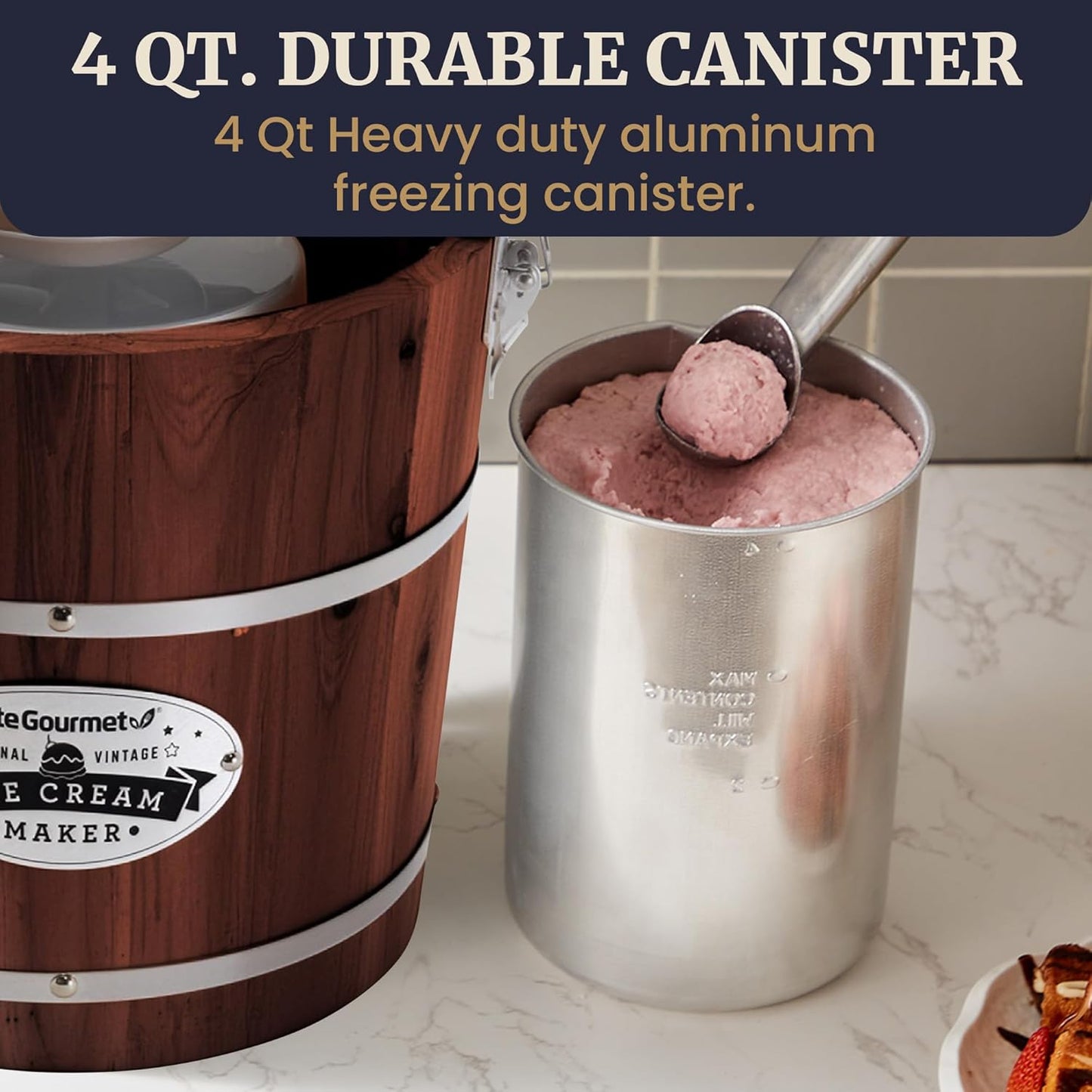 Elite Gourmet EIM418 Old Fashioned 4 Quart Vintage Walnut Wood Bucket, Electric Ice Cream Maker Machine, Uses Ice and Rock Salt Churns Ice Cream in Minutes