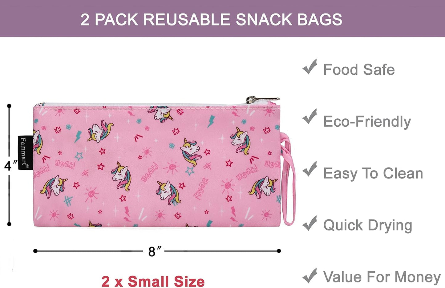 Reusable Sandwich Bag/Snack Bag for Kids & Adults, Dual Layer Lunch Bag with Handle, Washable, Food Safe, BPA Free (2-Pack, Unicorn)