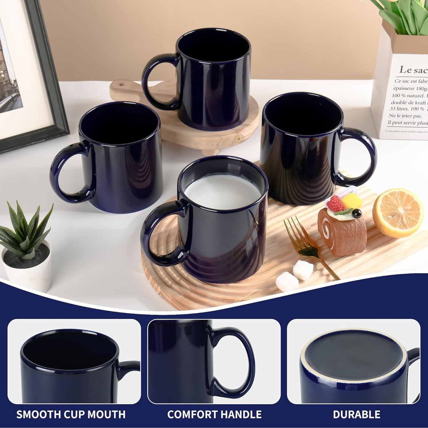 22oz Super Large Ceramic Coffee Mugs Large Handles Set of 4 (Cobalto)