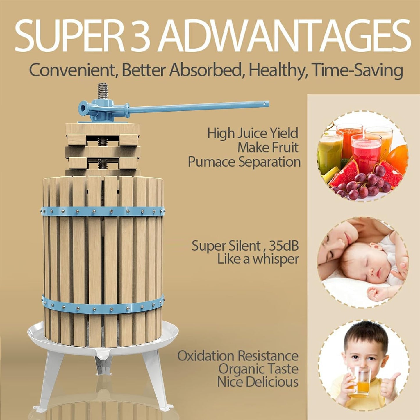 SQUEEZE master Fruit Apple Cider Wine Classic Press-Blue-4.75 Gallon/18L-Solid Wood Basket-Vintage traditional juicer-Pole Handle Bar for Juice,Wine,Cider-1 free filter bag included