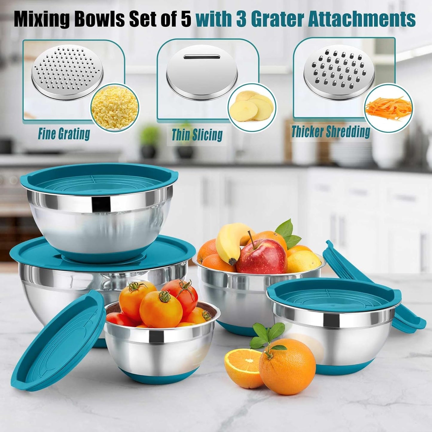 P&P CHEF Mixing Bowl with Lid Set, 5 Piece Stainless Steel Mixing Nesting Bowls for Salad Storage, 3 Grater Attachments & Non-Slip Bottoms, Size 1/1.5/2 / 2.6/4.6 QT, Blue