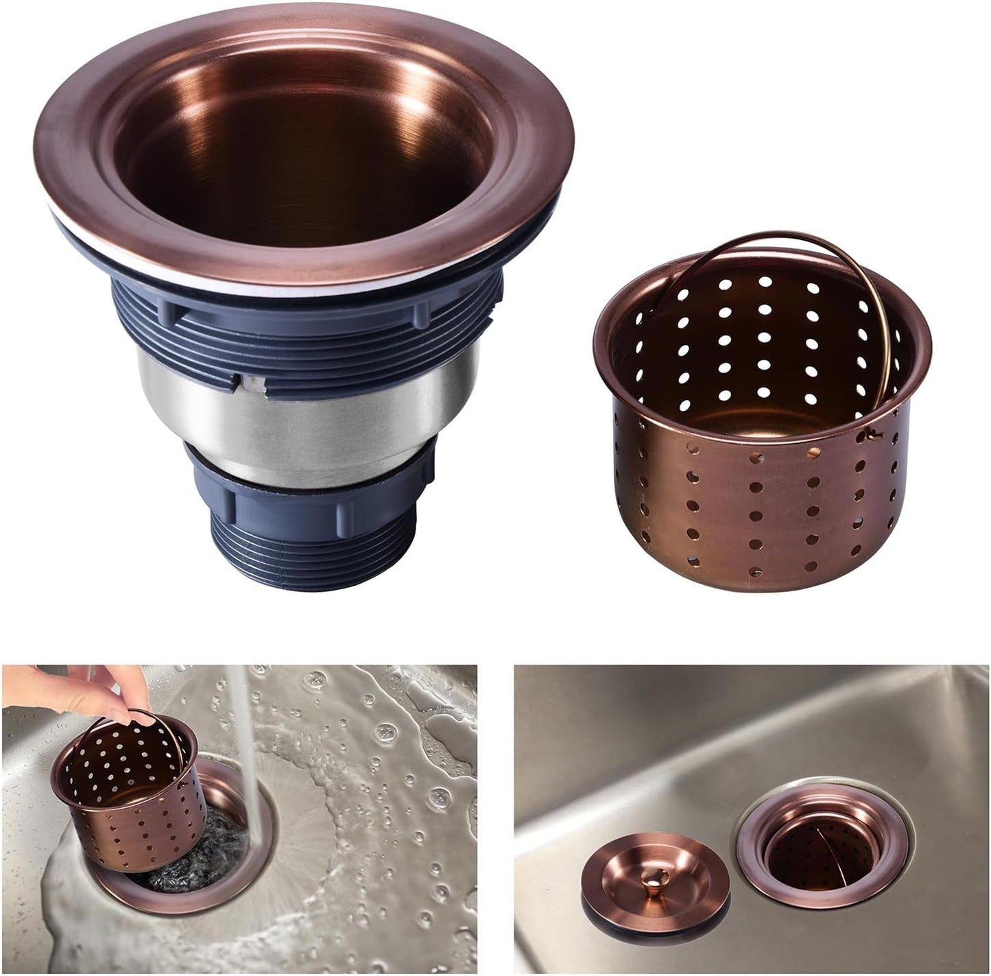 KONE 3/1-2 Inch Sink Drain Assembly Antique Copper Kitchen Sink Drain Kit Copper Stainless Steel Sink Basket Strainer Rubber Stopper, Sealing Lid/Removable Deep Waste Basket for Home, Kitchen